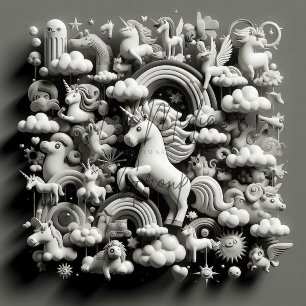 Einhorn 3D Bild zum ausmalen mit vielen weiteren Elementen