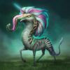Fabelwesen, Einhorn, Zebra, Reptil, Elefantenrüssel, Magisch, NFT, Kunstwerk, Mystisch, Fantasie, Leuchtend, Einzigartig, Kreatur, Grüner Nebel, Künstlerisch, Sammlerstück, Magisches Wesen.