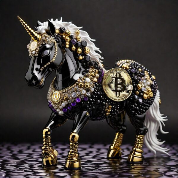 Einhorn schwarz mit Bitcoin